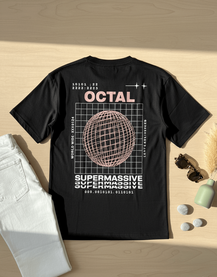 Black Round Neck Octal Grid Tee - TeeHive