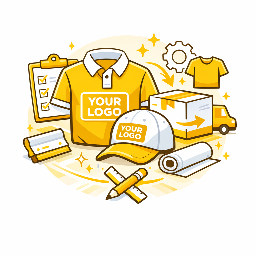 Illustration of branded merchandise including a yellow shirt, cap, and box with 'Your Logo' text on a white background.