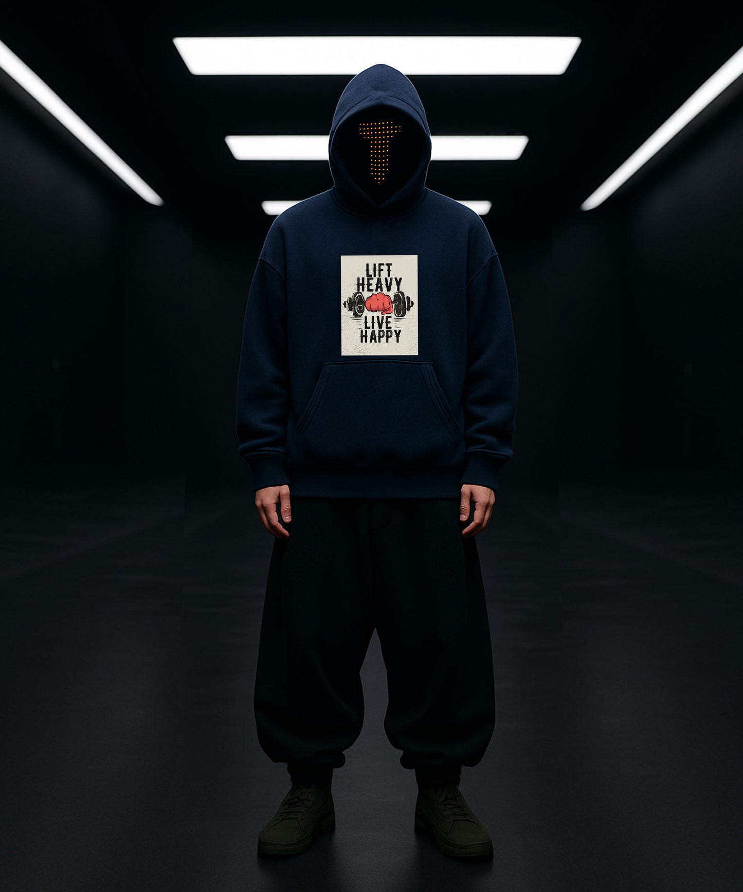 Person wearing a dark hoodie with a graphic design in a dark room with neon lights.