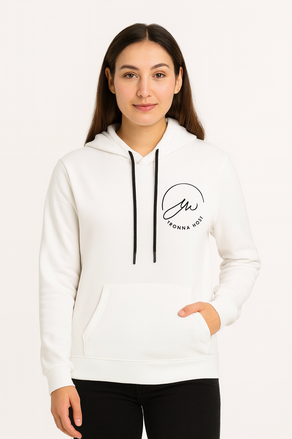 Woman wearing a white hoodie with a logo on a white background