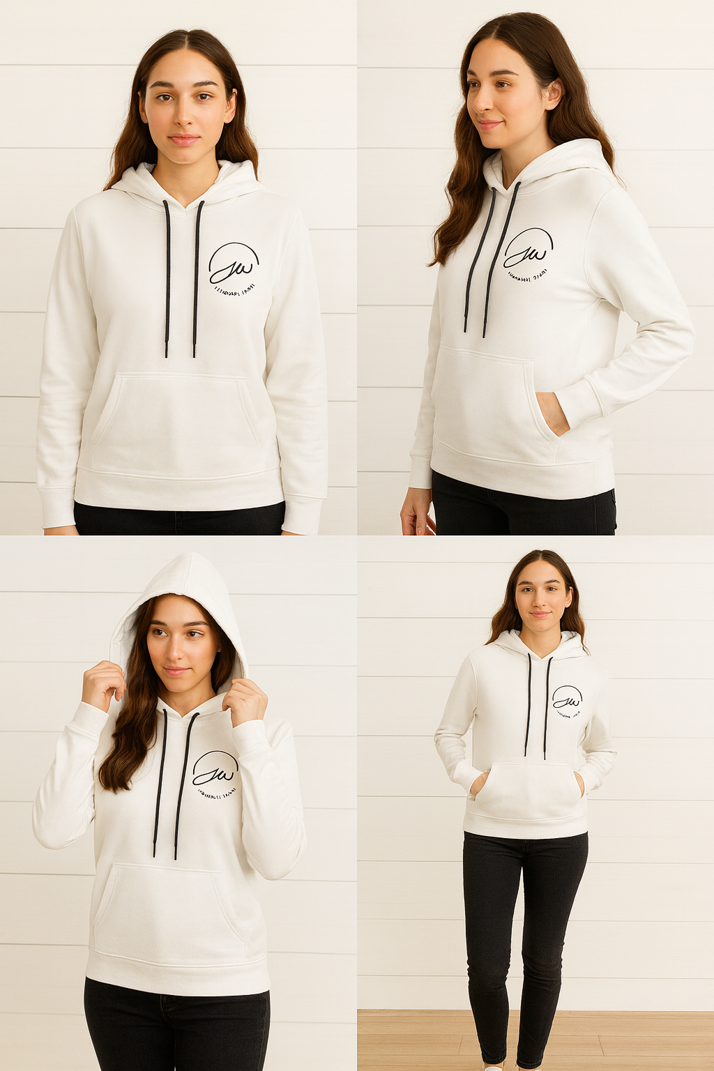 White hoodie with a logo worn by a person against a white brick wall.