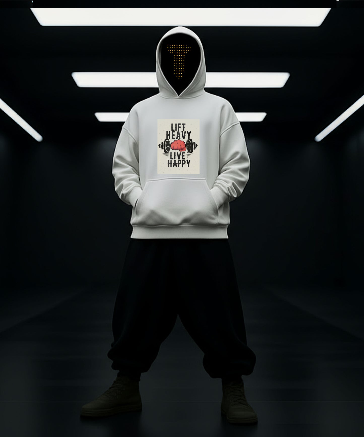 Person wearing a hoodie with 'Lift Heavy, Live Happy' text and graphic on a dark background
