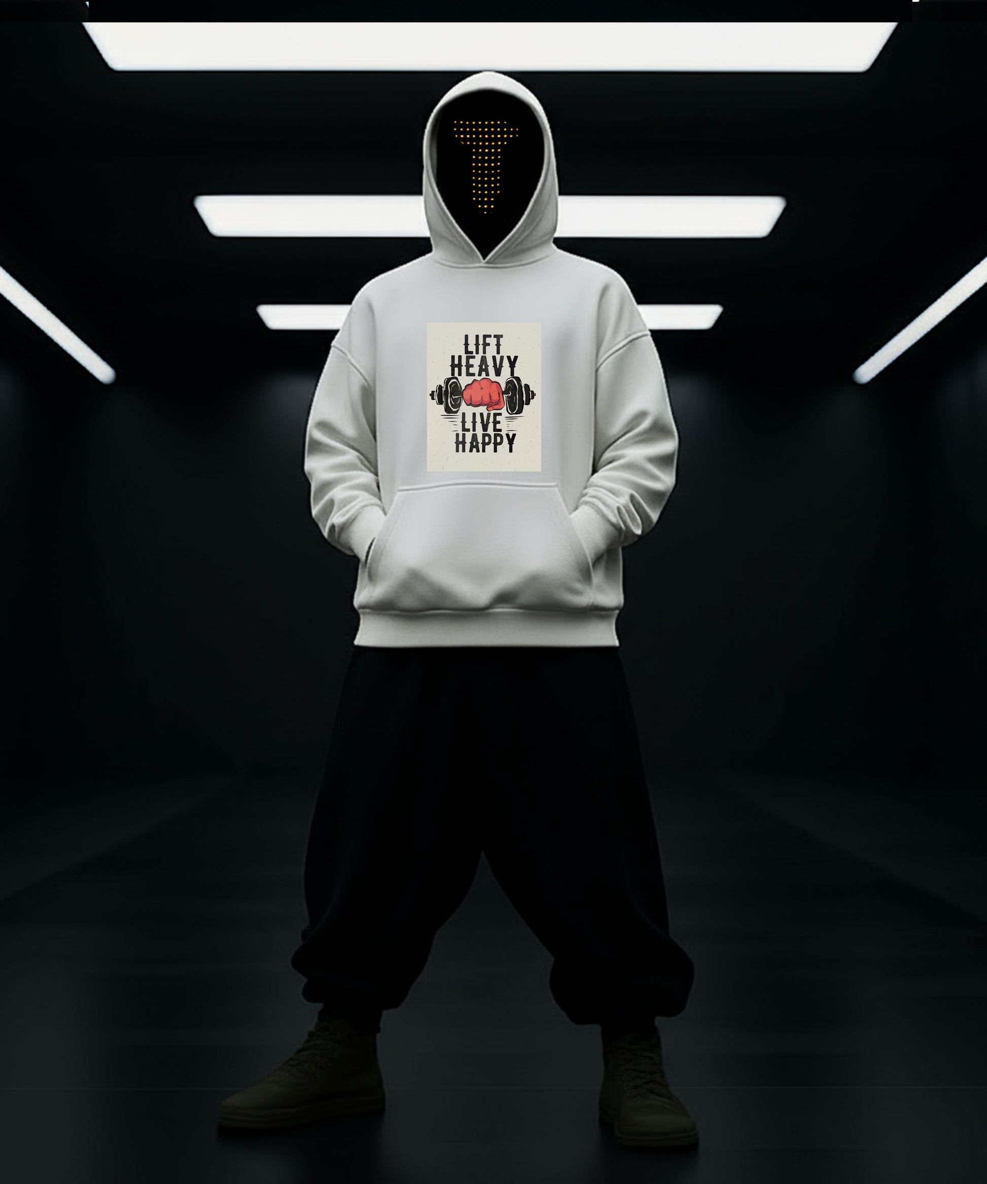 Person wearing a hoodie with 'Lift Heavy, Live Happy' text and graphic on a dark background