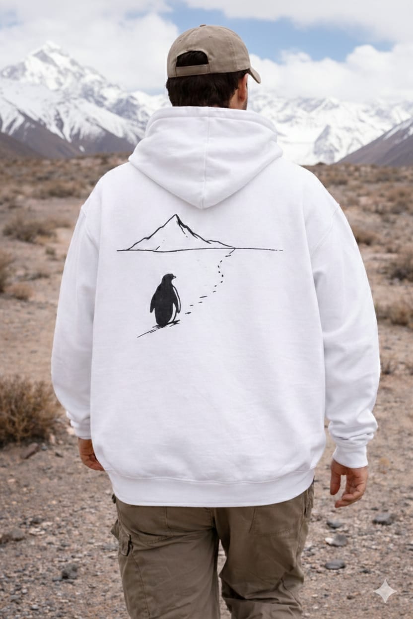 Viral Penguin Heading to the Mountains hoodie back design
