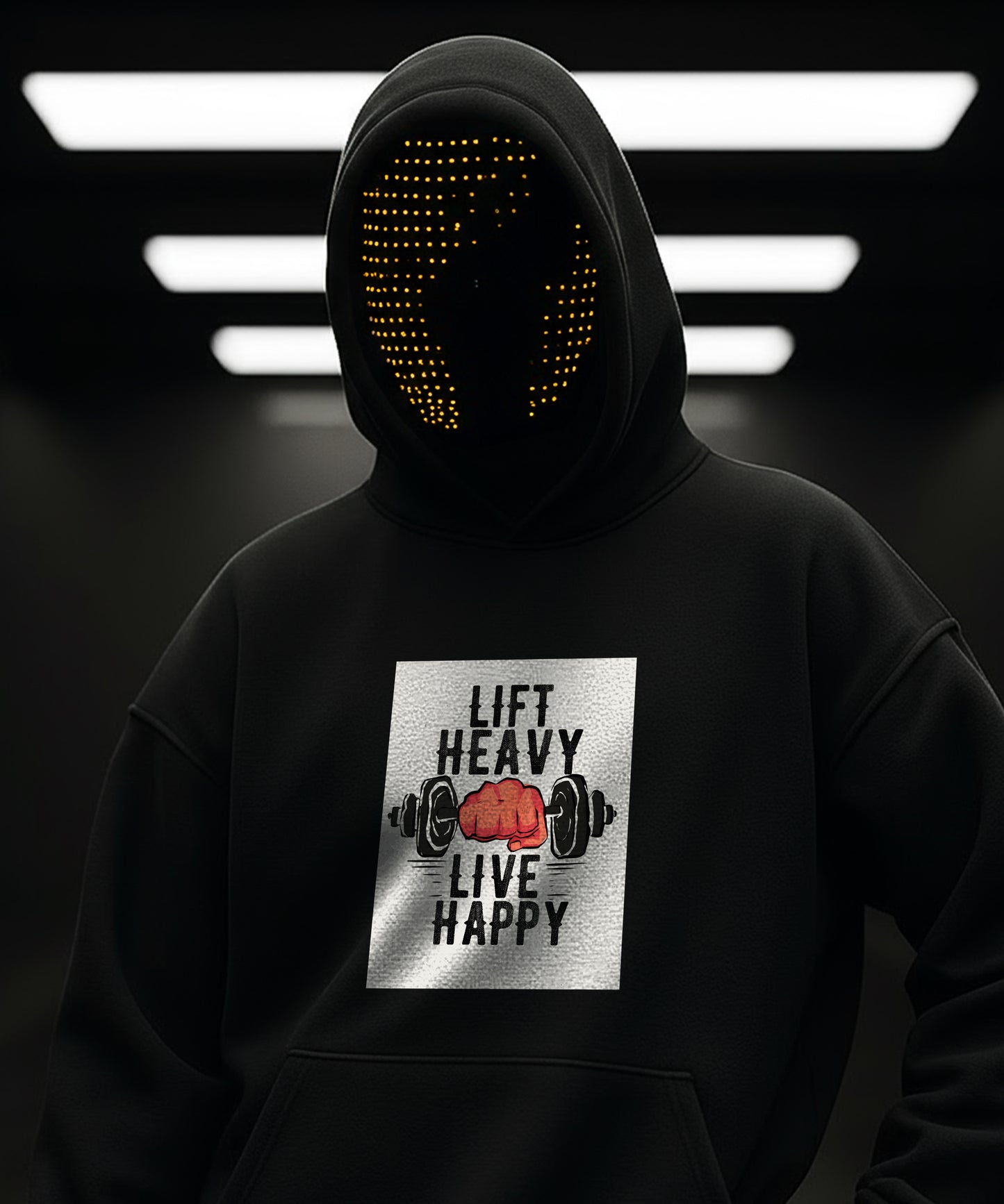 Black Lift Heavy Live Happy Hoodie worn with hood up on person.