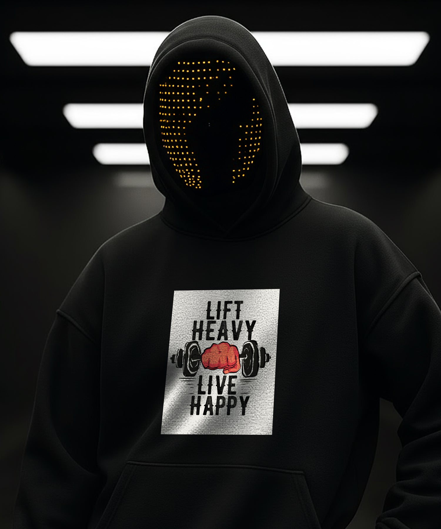 Black Lift Heavy Live Happy Hoodie worn with hood up on person.