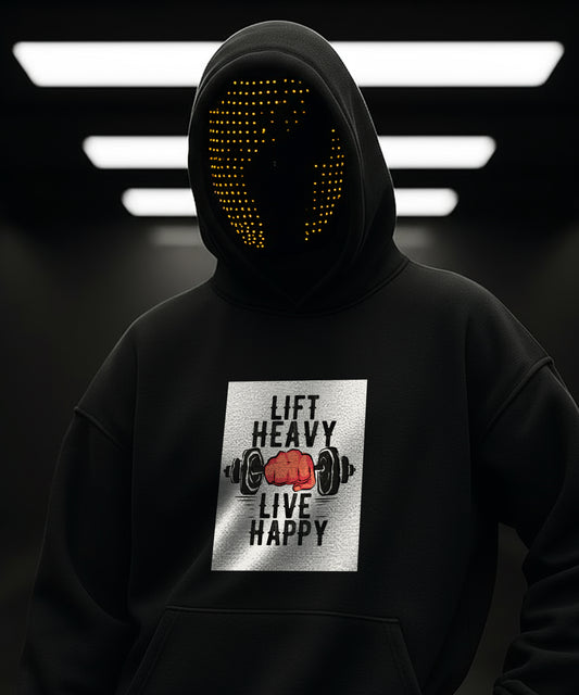 Black Lift Heavy Live Happy Hoodie worn with hood up on person.