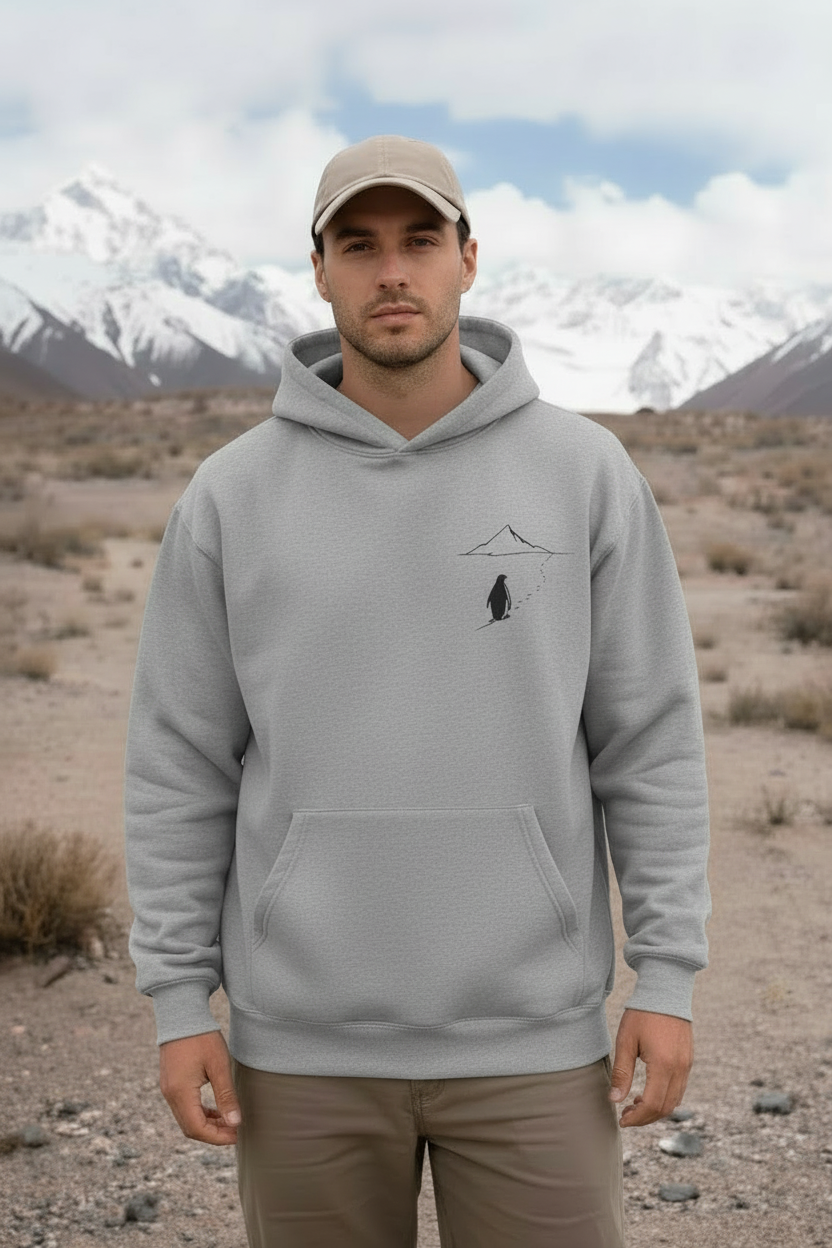 Viral Penguin Heading to the Mountains hoodie folded display