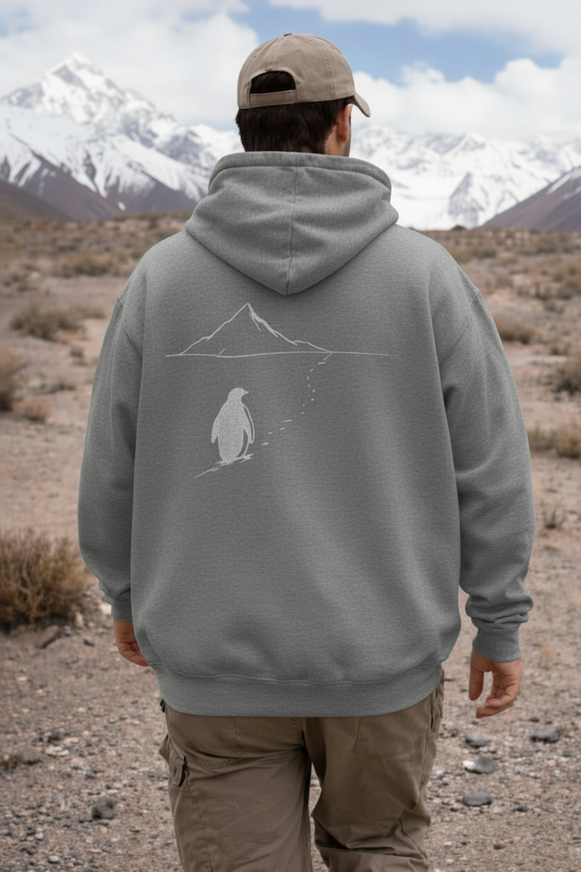 Viral Penguin Heading to the Mountains hoodie worn outdoors