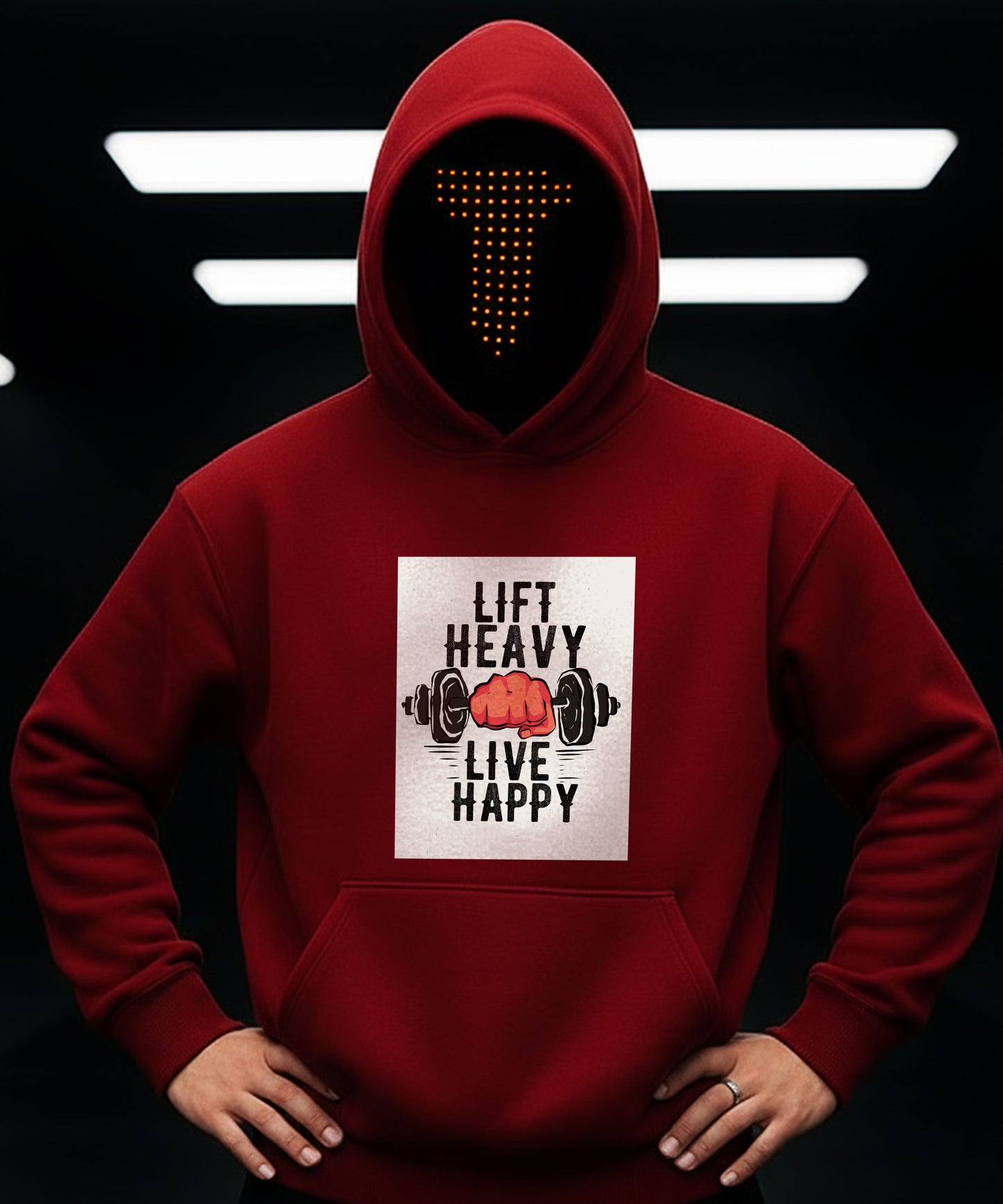 Red hoodie with 'Lift Heavy Live Happy' text and graphic on a black background