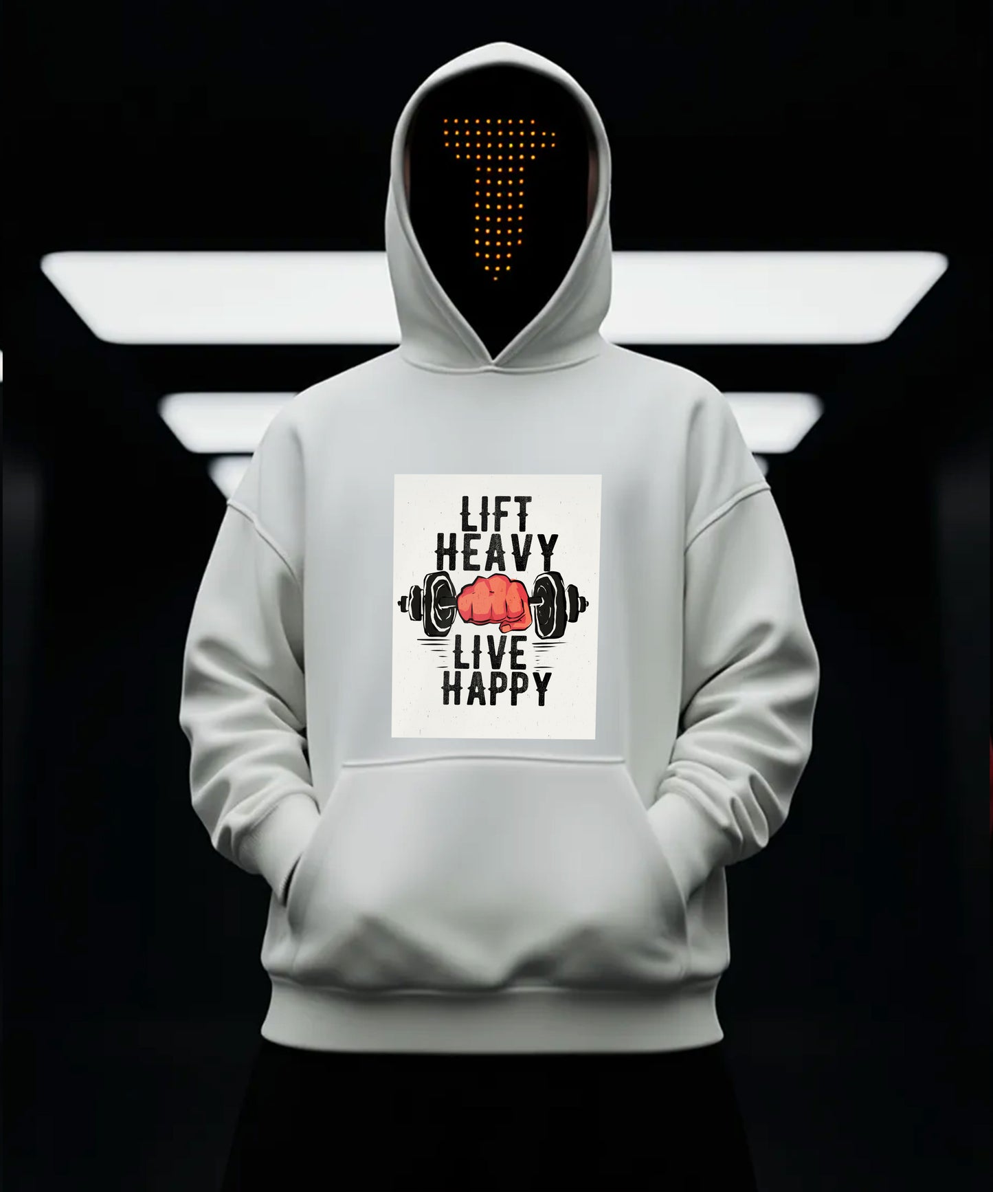 Person wearing a hoodie with a graphic design and text on a dark background